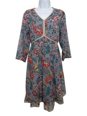 Soch Floral Boho Indie Babydoll Dress Gray V Neck Ruffle Hem Prairie SzL FLAWED
